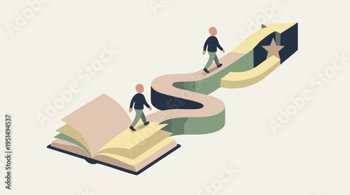 TwoPeople Walking on a Book Path with a Star Arrow Illustration, Representing Growth, Progress, and Learning Journey Concept