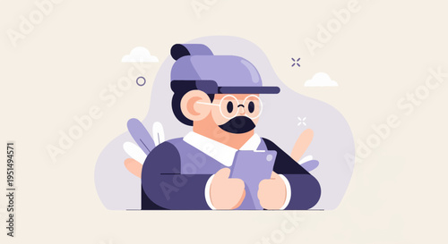 Cartoon man in purple outfit with glasses and mustache holds phone
