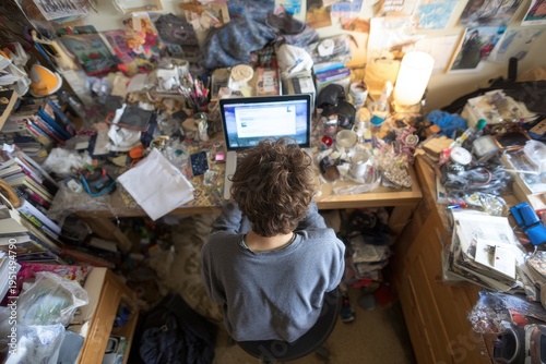 Wallpaper Mural Person working on laptop at messy desk chaotic home office stress productivity concept Torontodigital.ca