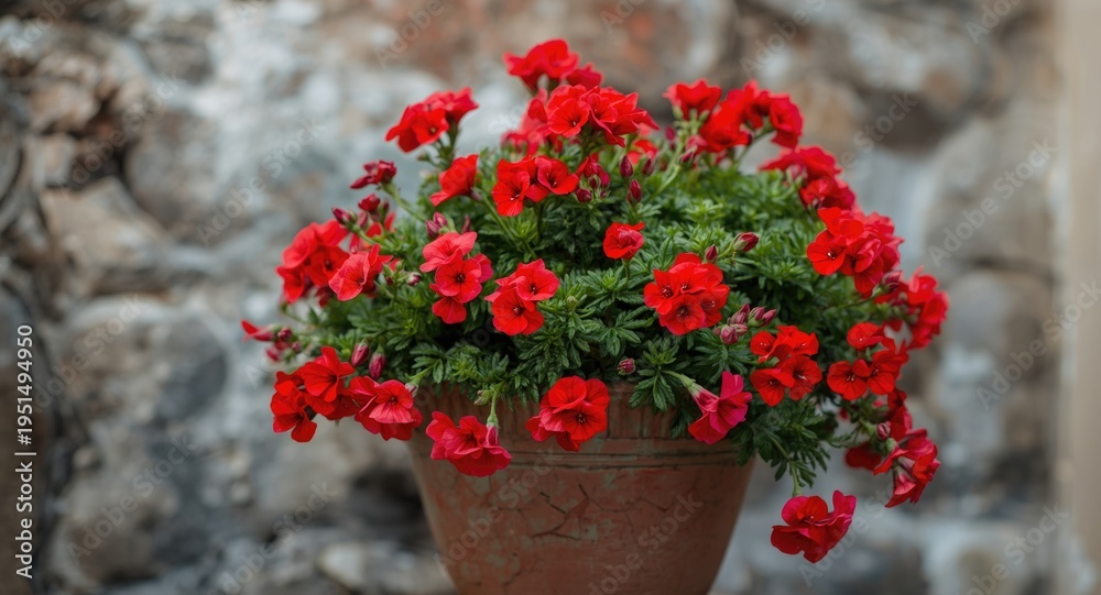 Fototapeta premium Historic flowerpot filled with vibrant red geranium clusters