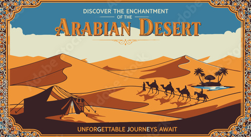 Vintage Travel Poster Arabian Desert Dunes Camels