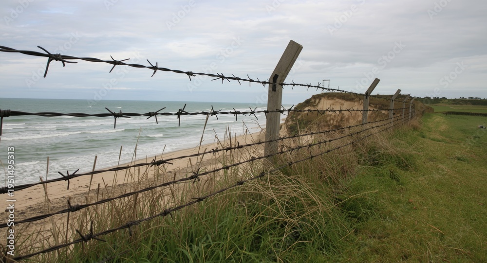 Obraz premium Defensive barbed wire installations on coastal areas for Normandy invasion in World War II