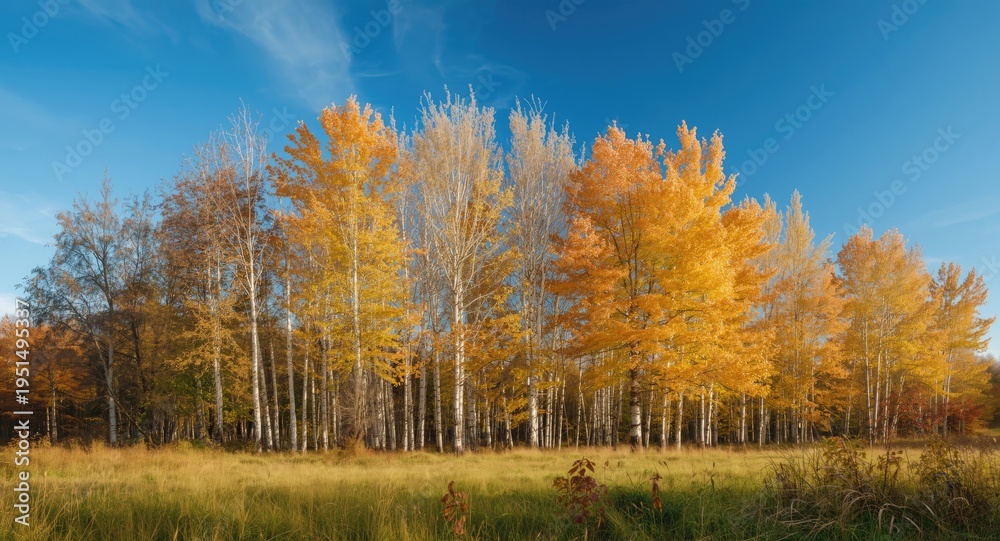 Fototapeta premium Radiant birch trees surrounded by autumn grassland with a crisp blue sky above