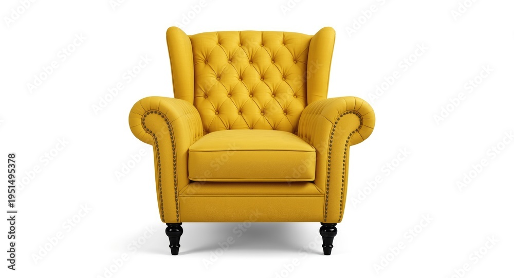 Fototapeta premium Quilted yellow armchair art deco front isolated on white background with clipping path included