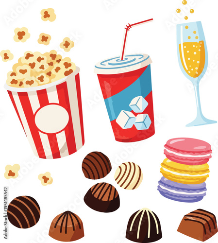 Flat lay snacks and drinks for movie night or celebration party