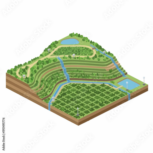 Sustainable agriculture landscape with terraced fields and water management.