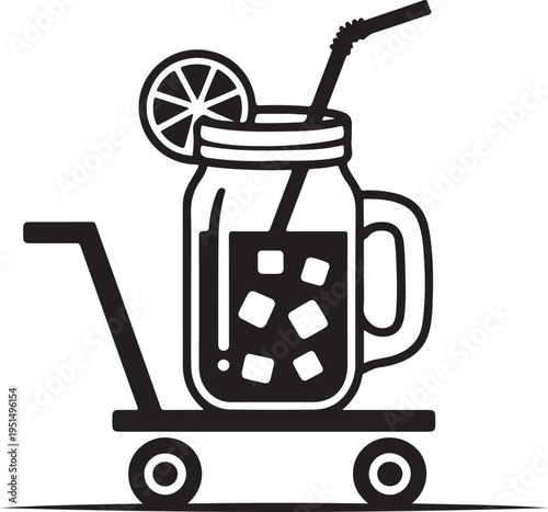 Black and white of a mason jar drink on a cart wheel