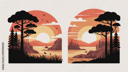 Diptych of stylized sunset landscapes with silhouetted trees and rocky shores under a warm sky with digital art