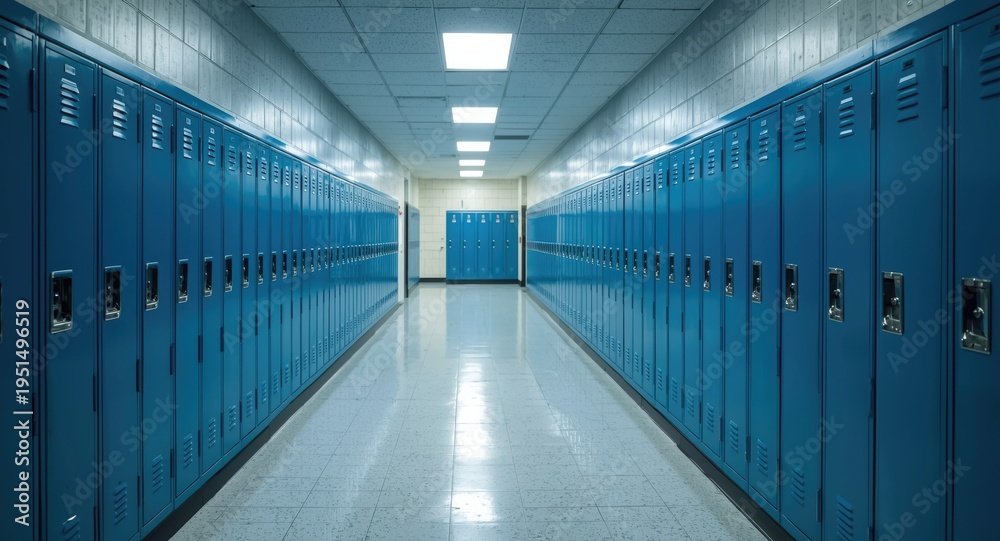 Fototapeta premium Brightly lit hallway showcasing rows of blue lockers along the walls
