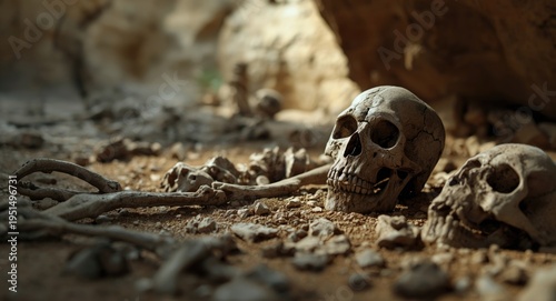 Neanderthal man skeletal excavation includes fragments of early Homo sapiens skull