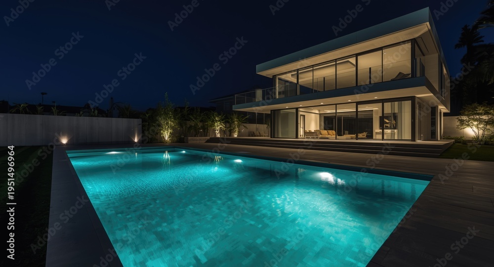 Fototapeta premium Modern architecture house highlighted by swimming pool and night lights