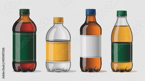 Four assorted plastic bottles filled with dark and light colored liquids with empty label with packaging design with beverage industry