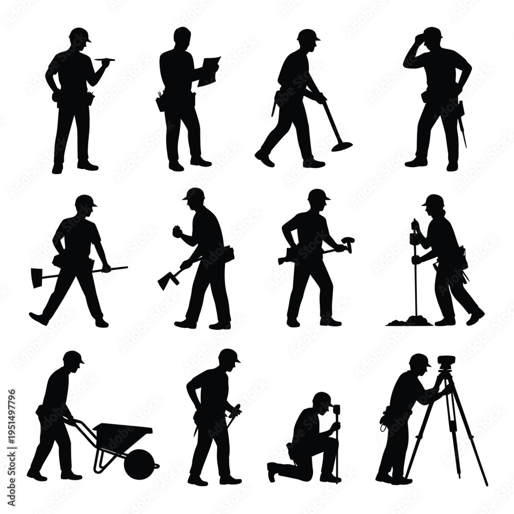 Fototapeta premium Silhouettes of construction workers performing various jobs and tasks