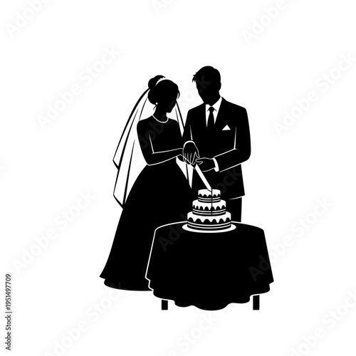 Bride and groom cutting wedding cake.