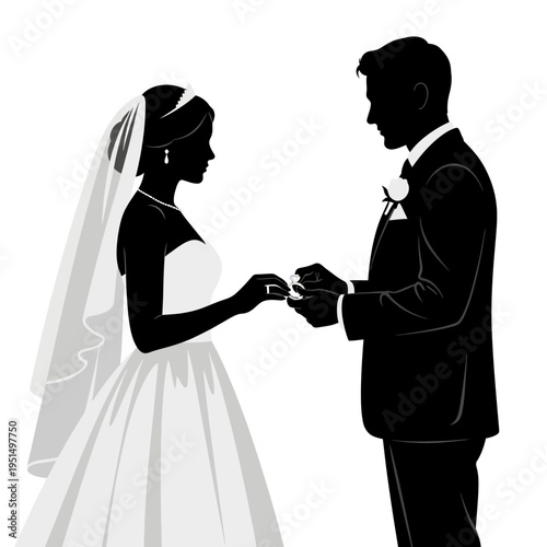 Bride and groom exchanging wedding rings.