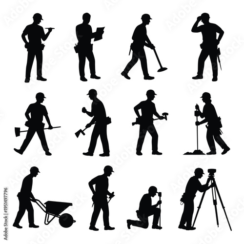 Silhouettes of construction workers performing various jobs and tasks
