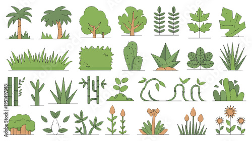 Collection of stylized green plants and trees isolated on white background, flat design elements for nature and garden
