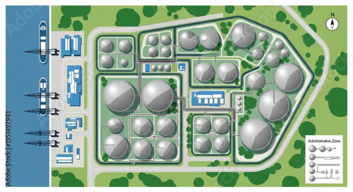Aerial View of an Industrial Complex with Storage Tanks and Ships.