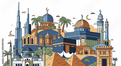 Middle Eastern cityscape with mosques palaces and pyramids