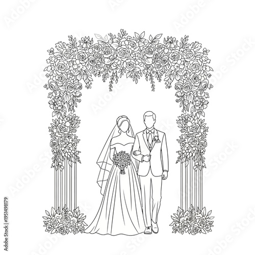 Bride and groom standing together happily.