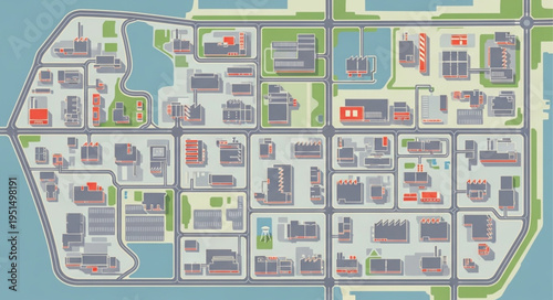 Detailed Overhead Map of an Industrial Area with Buildings and Roads.
