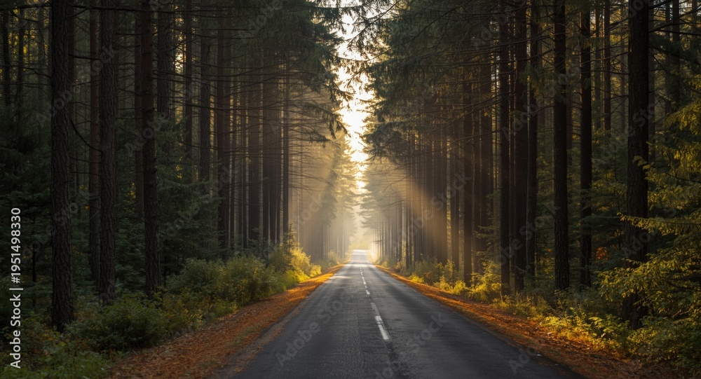 Fototapeta premium peaceful forest route bathed in gentle sunlight filtering the tall trees