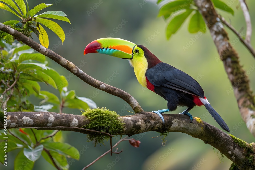 Fototapeta premium Vibrant toucan perched on a moss-covered branch in a lush green forest