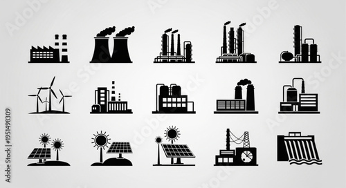 Diverse Energy Production Icons - Factories, Wind Turbines, Solar Panels, and Hydroelectric Dam.