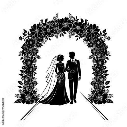 Bride and groom standing under arch.