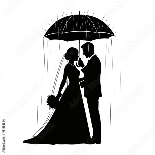 Bride and groom under umbrella.