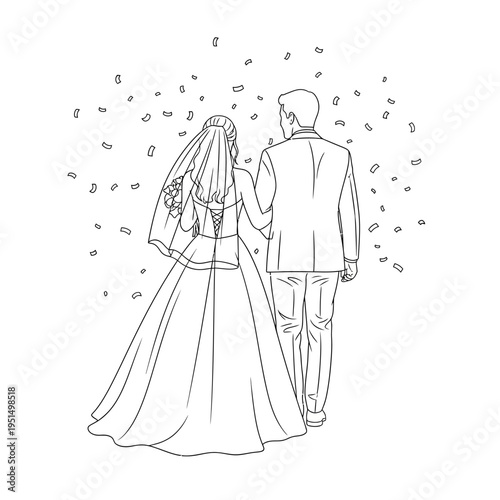 Bride and groom walking together happily.