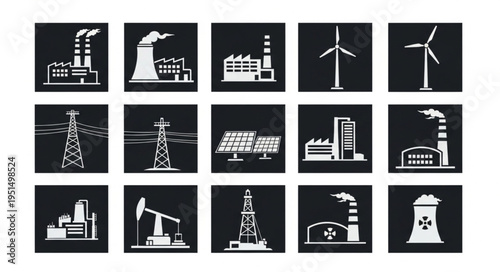 Energy Production Icons - Factories, Wind Turbines, Solar Panels, and Oil Rigs.