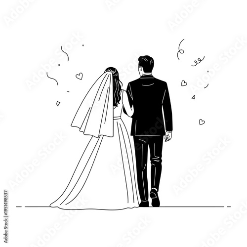 Bride and groom walking together.