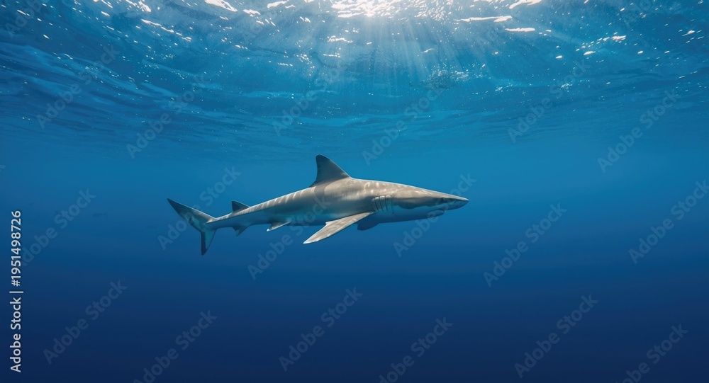 Fototapeta premium Sand tiger shark hunting in full length profile within temperate ocean zones