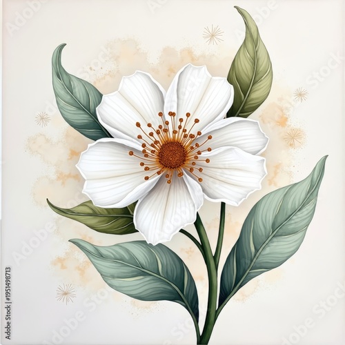 Isolated macro illustration of a beautiful white lily and blooming chamomile flower with yellow pollen and delicate petals on a spring garden nature background
