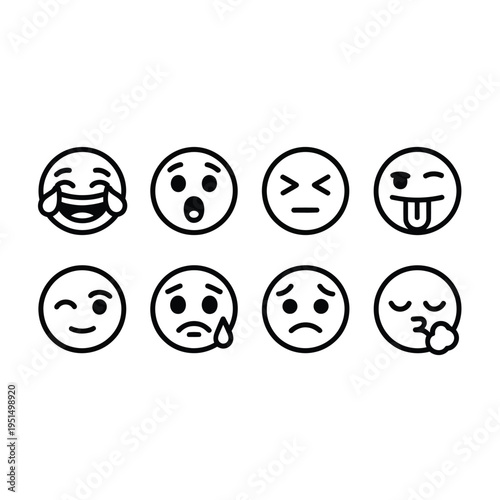Collection of eight simple black and white expressive emoji faces