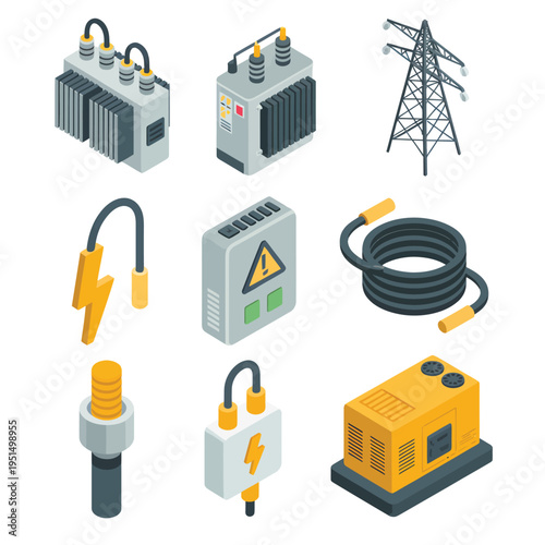 Isometric electrical components and power distribution infrastructure illustration