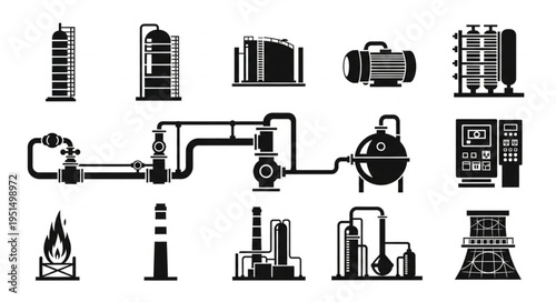 Oil and Gas Industry Equipment - A Detailed Black and White Illustration.