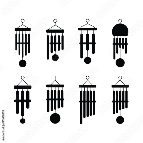 Collection of black wind chime silhouettes in various designs and shapes
