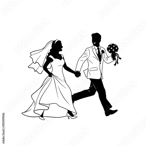 Silhouette of bride and groom running.