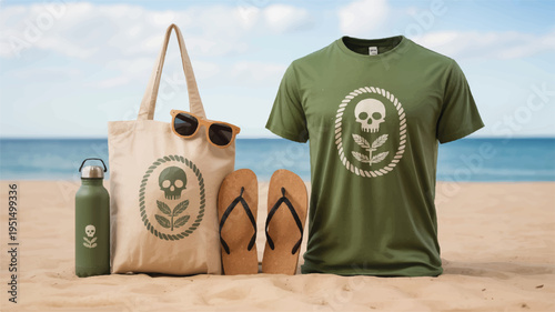Beach scene with green t-shirt, tote bag, flip-flops, and water bottle featuring a skull logo design, t shirt, graphic design
