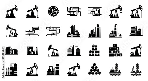 Monochrome Icons Depicting Oil Industry and Industrial Infrastructure.