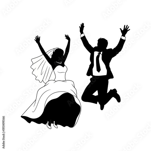 Silhouette of happy wedding couple jumping.