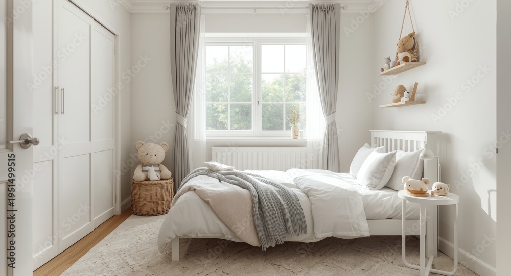 Fototapeta premium Content infant waking up in a bright and airy bedroom with space for childcare text