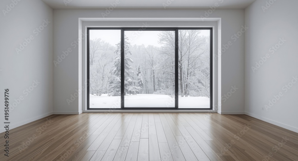 Fototapeta premium Nordic style minimalist interior with hardwood floor and expansive white wall framing snowy outdoors