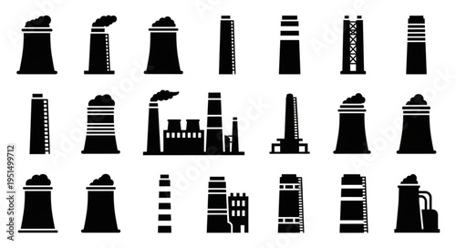 Silhouette Collection of Industrial Chimneys and Factory Structures.