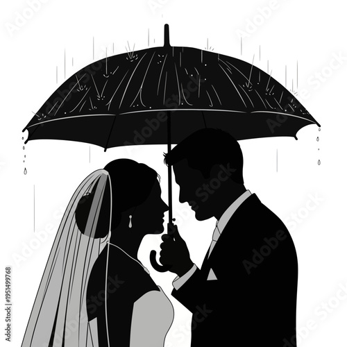 Silhouette of romantic wedding couple kissing.