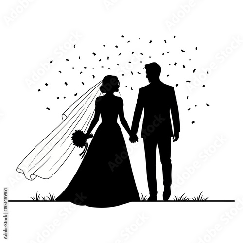 Silhouette of wedding couple holding hands.