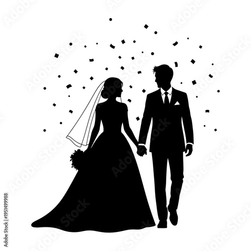 Silhouette of wedding couple holding hands.
