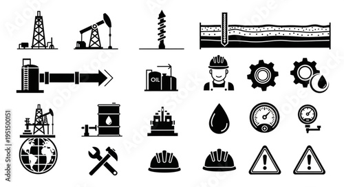 Oil and Gas Industry Icons - Exploration, Production, and Safety Symbols.
